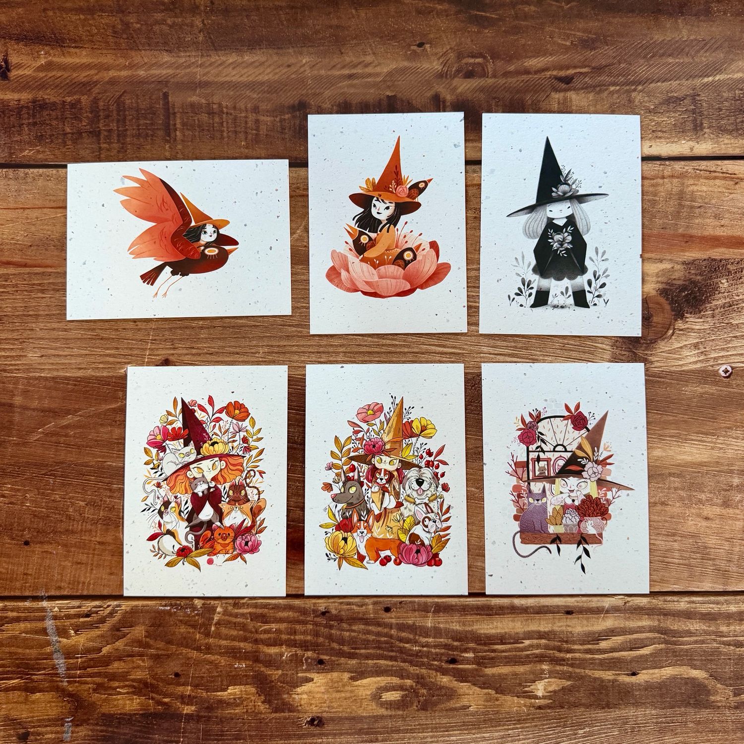 Carte sorcière d'automne & Halloween – papier chute de bulbes de tulipes – illustrée par lixy.illustrations (6 modèles au choix)