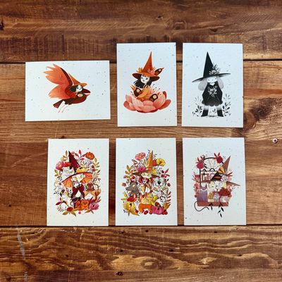 Carte sorcière d'automne & Halloween – papier chute de bulbes de tulipes – illustrée par lixy.illustrations (6 modèles au choix)