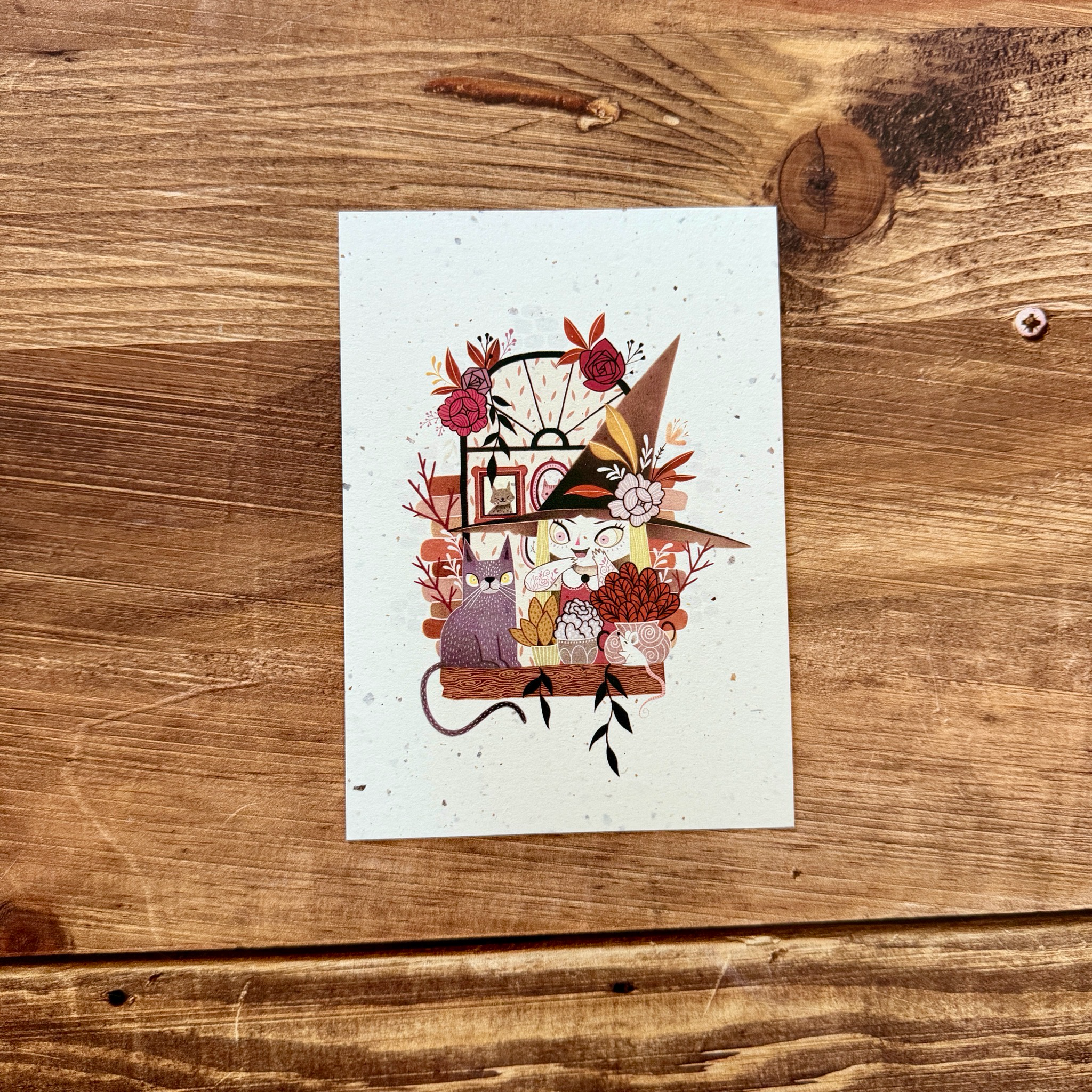 Carte sorcière d'automne & Halloween – papier chute de bulbes de tulipes – illustrée par lixy.illustrations (6 modèles au choix)