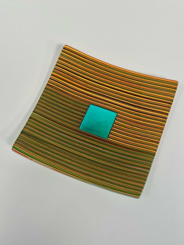 Stripes - Rainbow - Fused Glass - Large Square Shallow Bowl - Green, Orange, Yellow