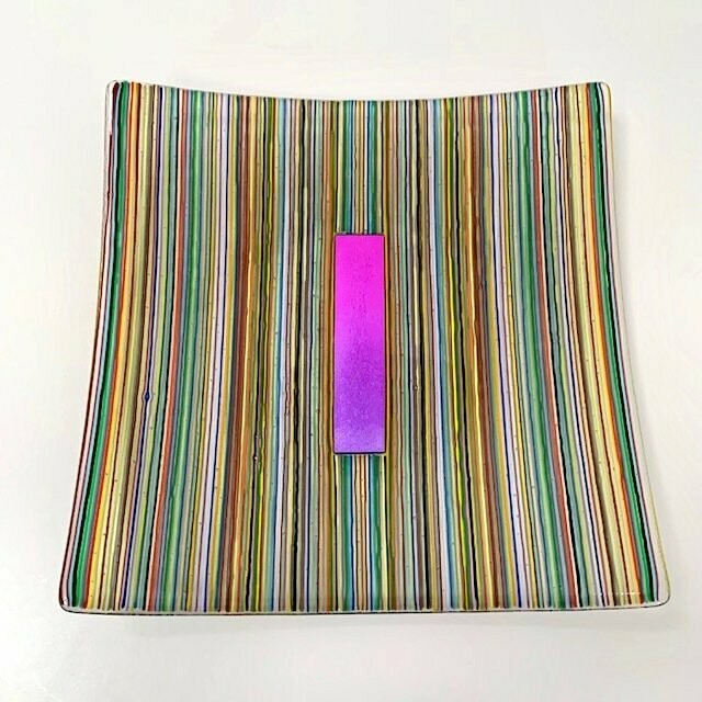 Stripes - Rainbow - Fused Glass -Large Square Shallow Bowl - Multi Colours