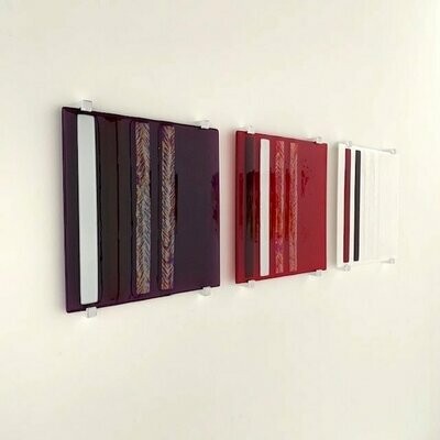 Herringbone Stripes Triptych - Fused Glass Wall Art - Violet, Red, White