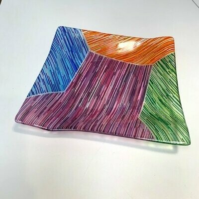 Interference - Fused Glass - Large Angled Square - Blue, Green, Orange and Purple