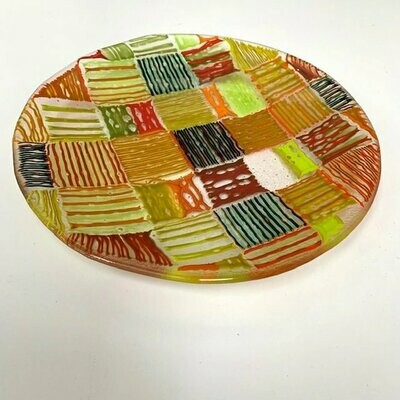 Squares - Marbled - Fused Glass - Medium Round Plate - Green, Orange