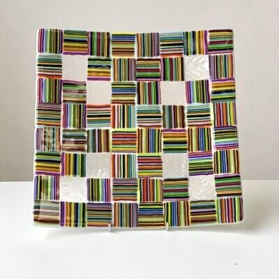 Patchwork Stripes - Fused Glass - Large Square Artwork - Multi Colours on White
