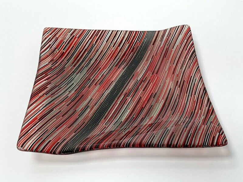 Interference- Fused Glass - Large Angled Square  - Black, Grey and Red