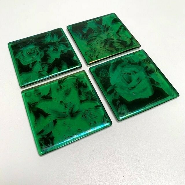 Lilies and Roses - Fused Glass Coasters - Set of Four - Green, Black