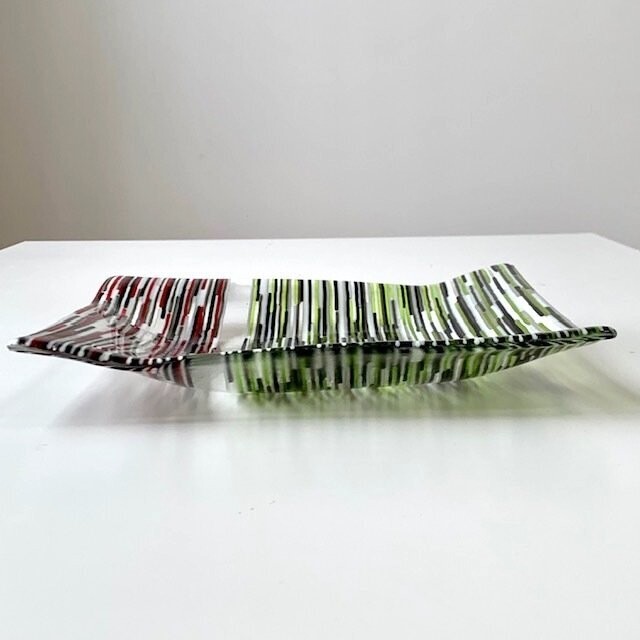 Interference - Fused Glass - Large  Angled Square - Green, Red, Black, White