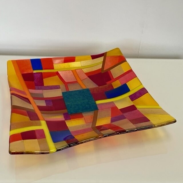 Madrid - Heatwave - Fused Glass - Large Angled Square - Gold, Orange, Red, Yellow, Blue