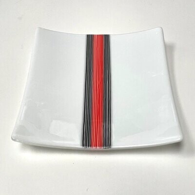 Haiku - Square Shallow Dish - Fused Glass - White, Black and Red