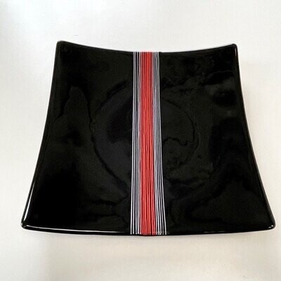 Haiku - Large Square Shallow Dish - Fused Glass - Black, Red and White