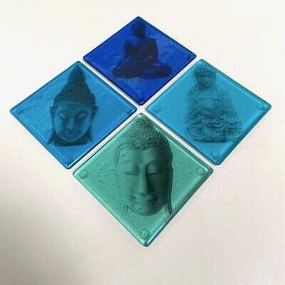 Buddha - Fused Glass Coasters - Set of Four - Blue, Turquoise, Black