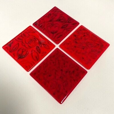 Roses and Lilies - Fused Glass - Coasters -Set of Four - Red, Black