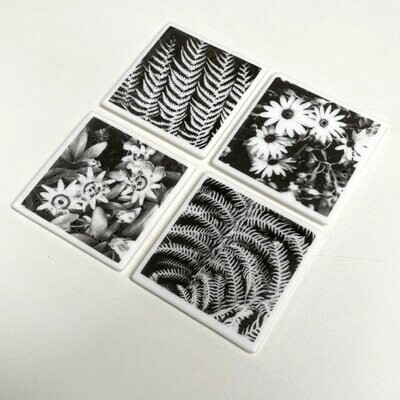 Flowers and Ferns - Fused Glass Coasters - Set of Four - White, Black