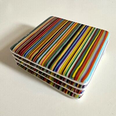 Stripes - Fused Glass Coasters - Set of Four - Multi Colours on White