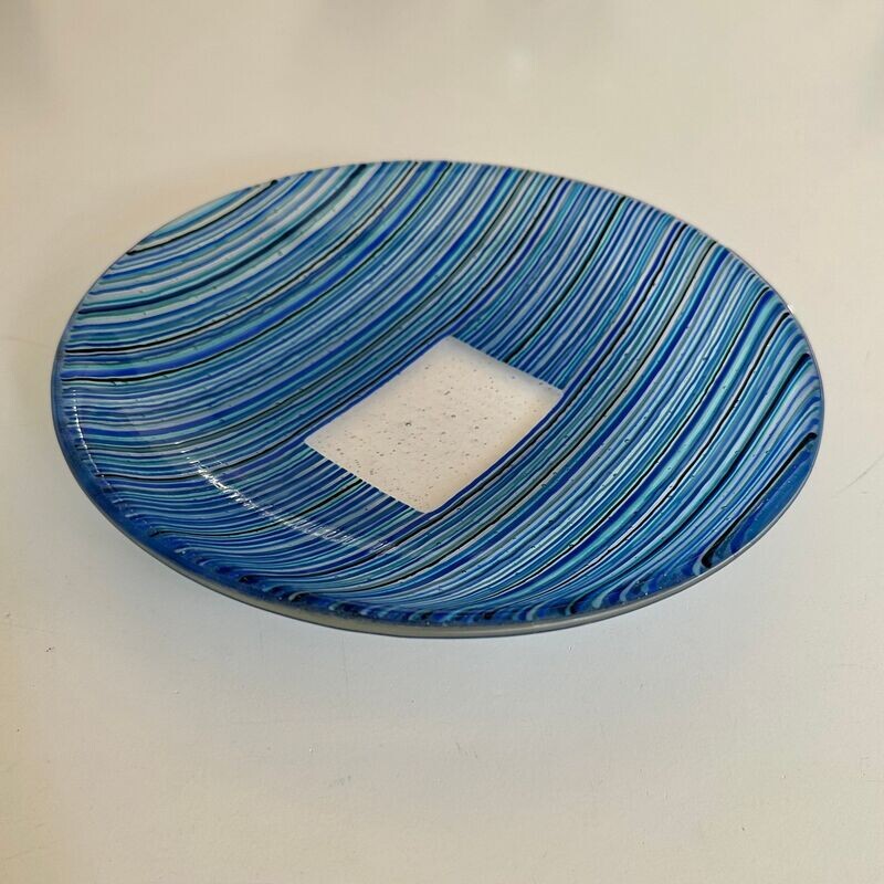 Stripes - Rainbow - Blues , Clear - Fused Glass - Medium Classic Bowl