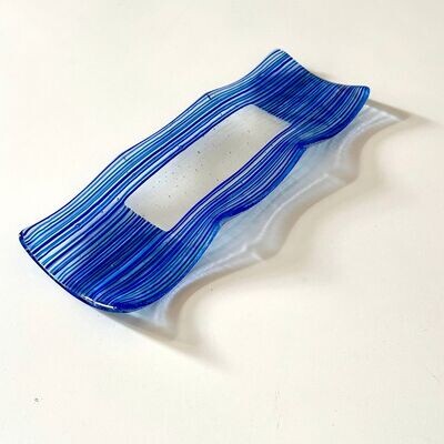 Stripes Rainbow - Fused Glass - Nibble Plate - Blues, Clear Iridescent