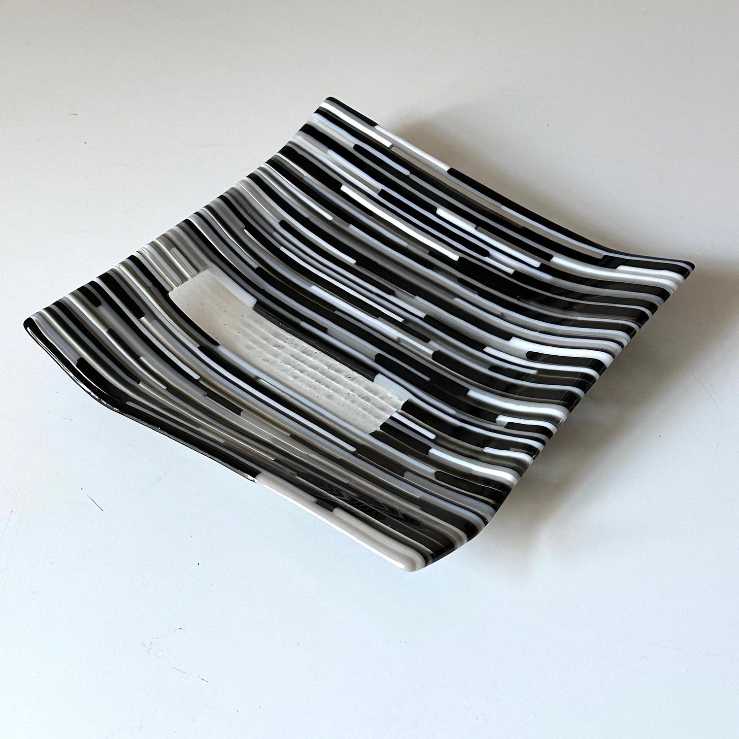 Passing Shapes - Fused Glass - Angled Square Plate - Monochrome