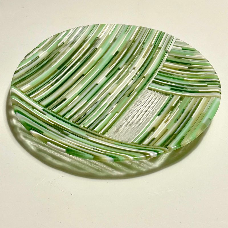 Passing Shapes - Fused Glass - Round Plate - Green, White