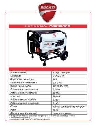DGR3200S Ducati 2800 - 3200 Watts Planta electrica portatil recreacional