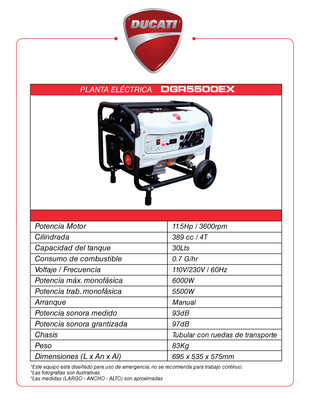 DGR5500EX Ducati 5500 - 6000 Watts Planta Electrica a Gasolina Portatil recreacional