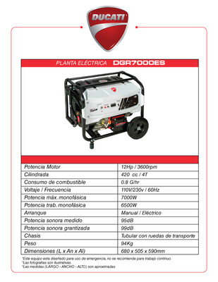 DGR7000ES Ducati 6500 - 7000 Watts Planta Electrica Portatil recreacional