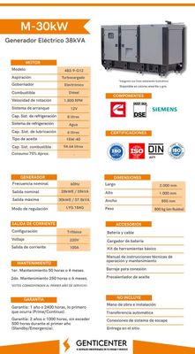 Planta Electrica Diesel Cummins Donfeng GM30KW 30 kW 37 kVA 110/220V 3F 100 Amperios Max.