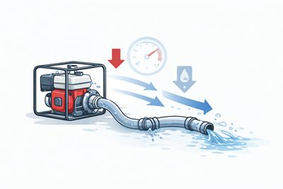 Ilustración técnica de una motobomba que pierde presión o caudal con flechas que muestran disminución del flujo de agua