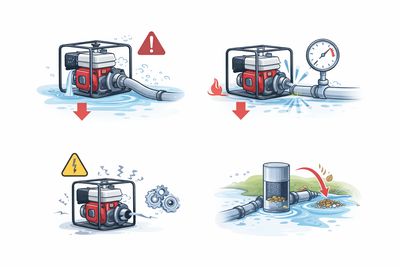 Ilustración técnica de problemas frecuentes en motobombas como baja succión pérdida de presión vibración y filtros obstruido