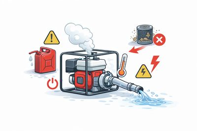 Ilustración técnica de una motobomba que se apaga por causas comunes como falta de combustible filtro de aire obstruido y mas