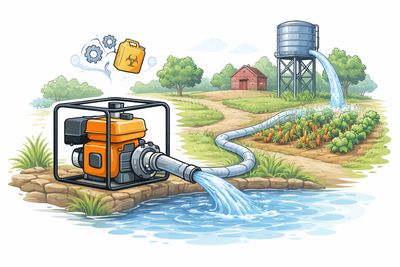 Ilustración técnica de una motobomba diésel en uso rural mostrando flujo de agua hacia cultivo o tanque
