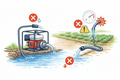 Ilustración técnica minimalista de una motobomba mostrando errores comunes al elegir una motobomba para riego con instalación