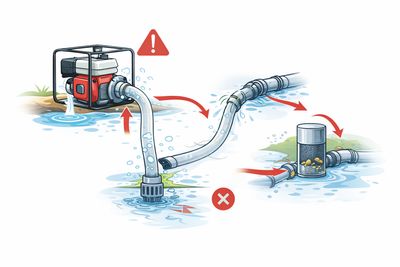 Ilustración técnica de una motobomba con indicadores de problemas de succión y causas comunes de fallo
