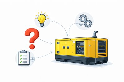 Ilustración de generador eléctrico diésel con íconos de preguntas, funcionamiento, mantenimiento y elección
