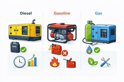 Ilustración técnica comparativa de generadores diésel, gasolina y a gas con iconos de eficiencia y uso
