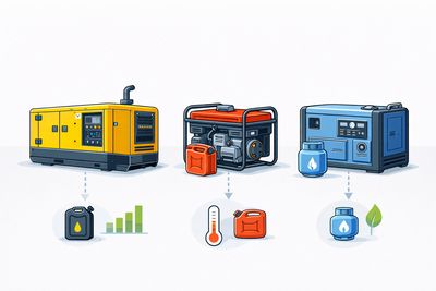 Ilustración técnica comparativa de generadores eléctricos diésel, gasolina y a gas con iconos de eficiencia y uso
