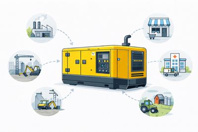 Ilustración técnica de un generador eléctrico diésel y sus aplicaciones en industria, comercio, construcción y zonas rurales
