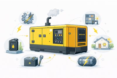 Ilustración técnica de un generador eléctrico diésel mostrando componentes y flujo básico de energía
