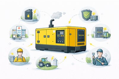 Ilustración técnica de un generador eléctrico diésel con iconos de aplicaciones industriales, comerciales y rurales
