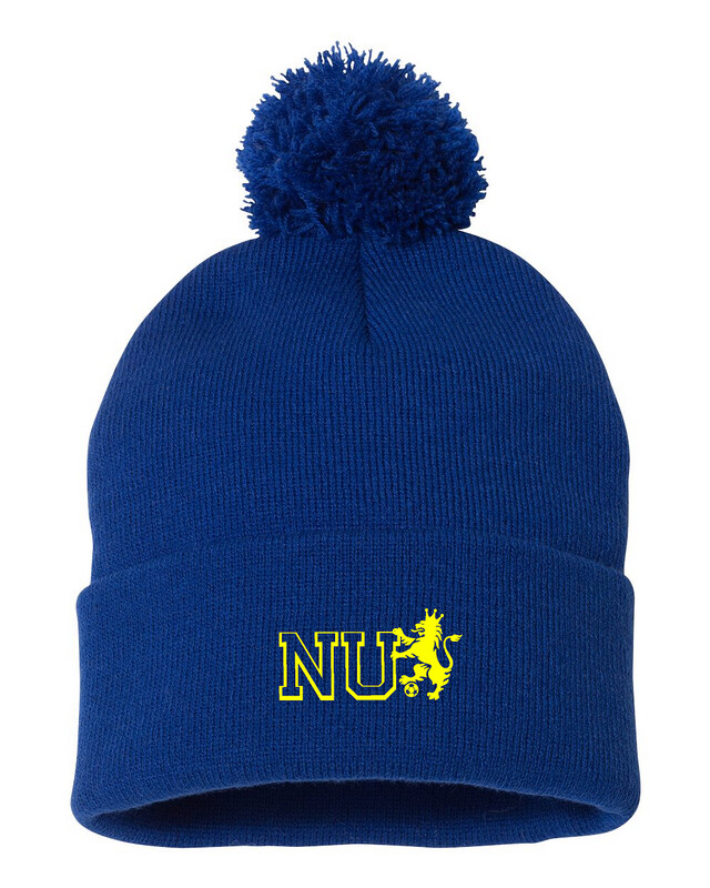 Royal Blue Embroidered NU Lion Pom-Pom 12" Knit Beanie