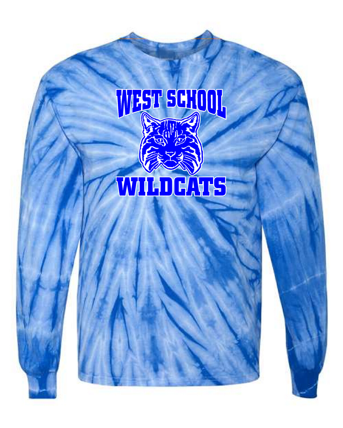 Royal Blue Long Sleeve Tie Dye Unisex Youth & Adult West Memorial 50/50 Cotton Polyester Dri Blend G&G Tee
