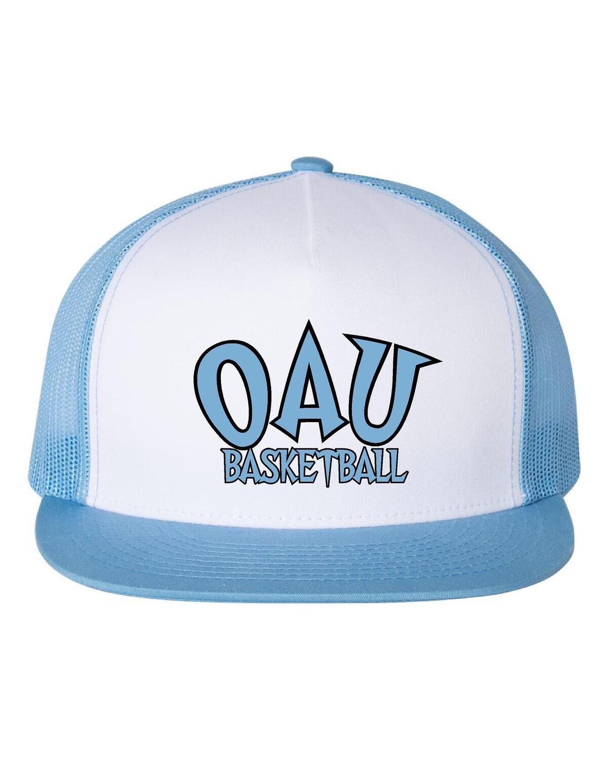 Snapback Flat Brim Adjustable Trucker Mesh Back Cap W/ Embroidered OAU Basketball