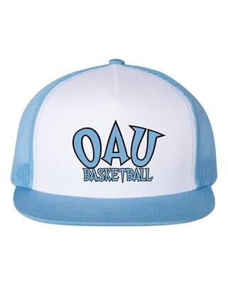 Snapback Flat Brim Adjustable Trucker Mesh Back Cap W/ Embroidered OAU Basketball