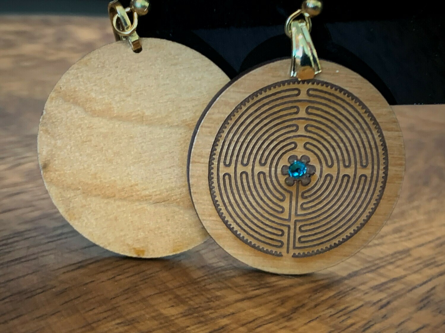 Earrings: Chartres Labyrinth on Wood | with Swarovski Crystals