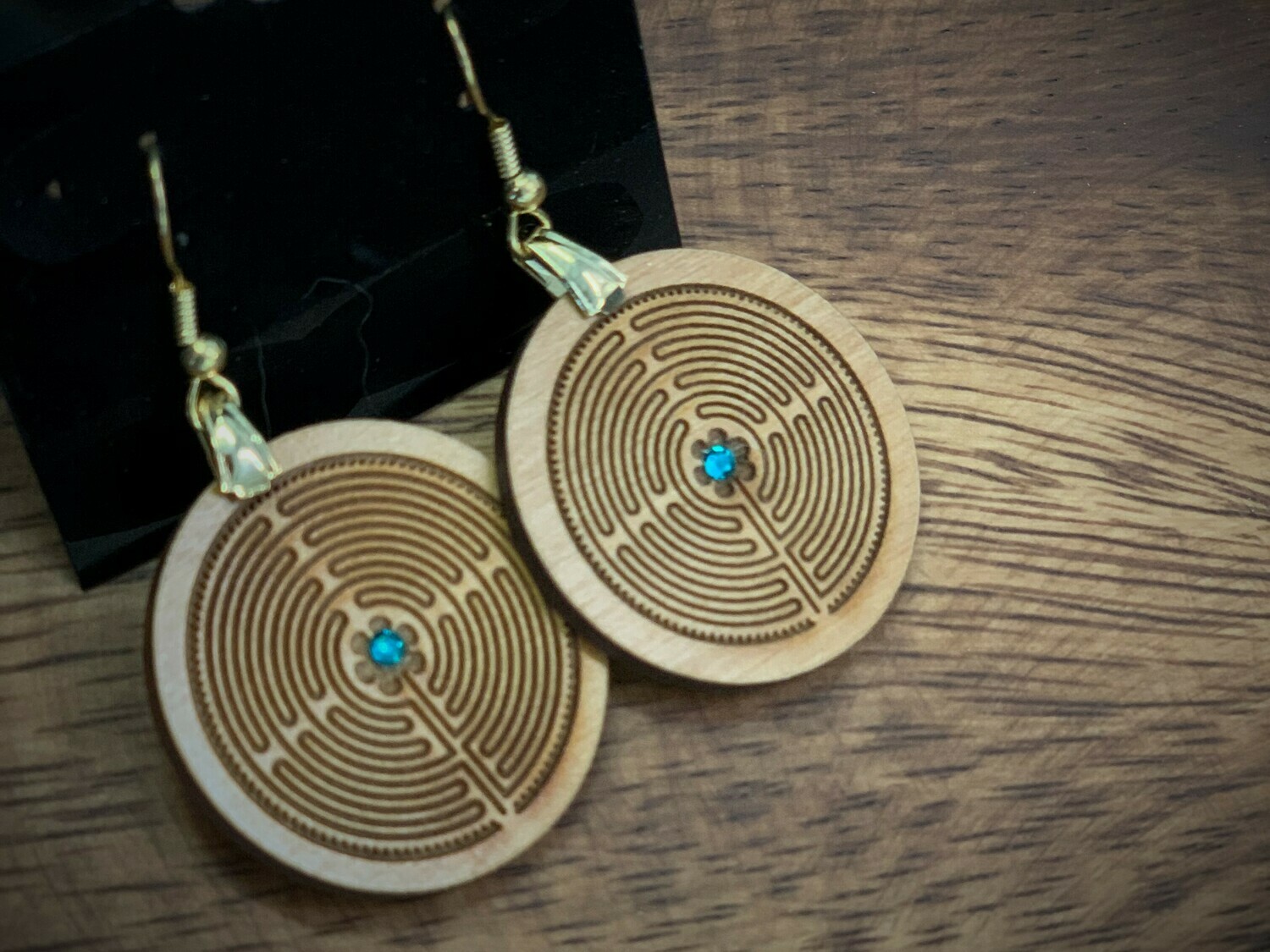 Earrings: Chartres Labyrinth on Wood | with Swarovski Crystals