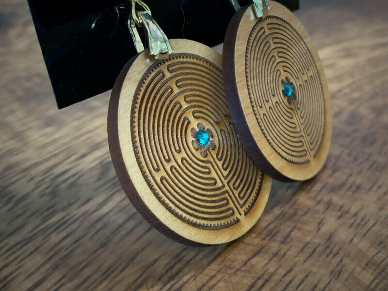 Earrings: Chartres Labyrinth on Wood | with Swarovski Crystals