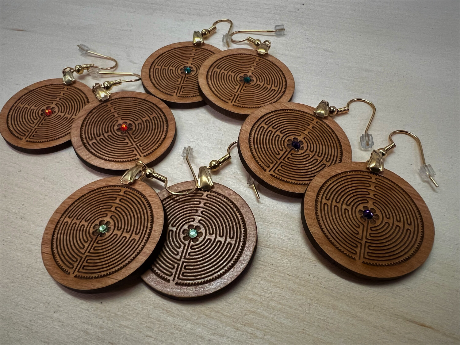 Earrings: Chartres Labyrinth on Wood | with Swarovski Crystals