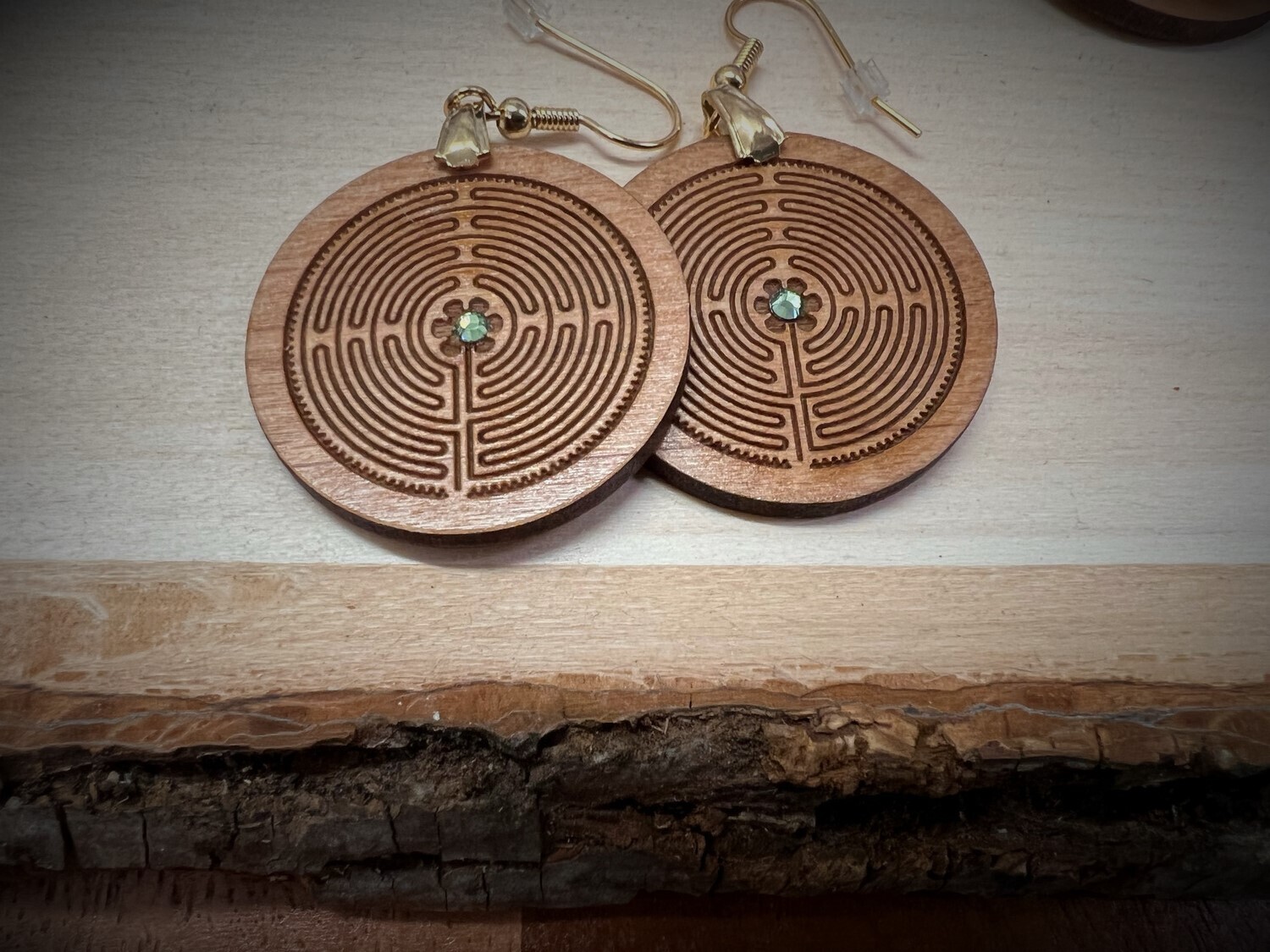 Earrings: Chartres Labyrinth on Wood | with Swarovski Crystals