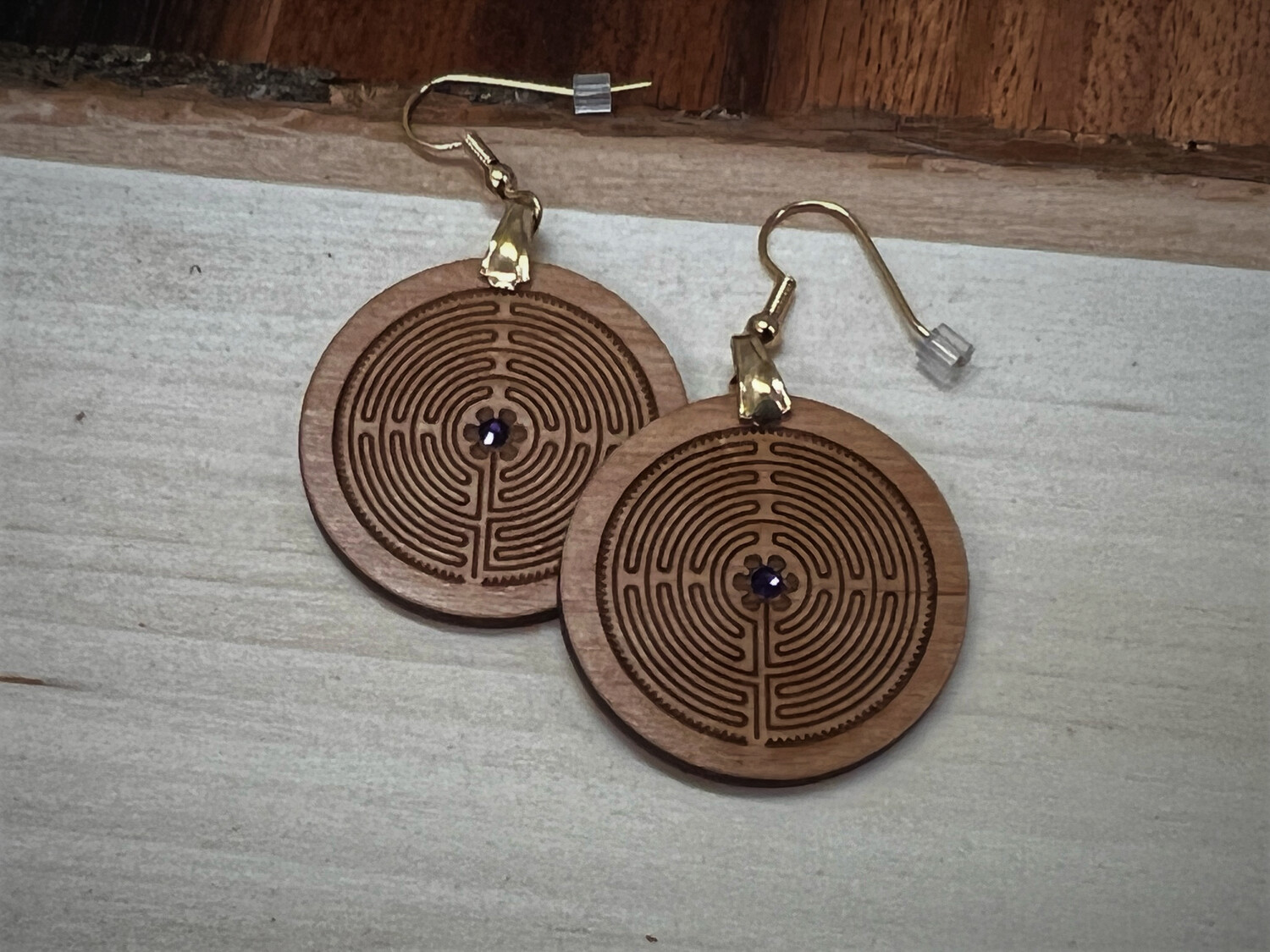 Earrings: Chartres Labyrinth on Wood | with Swarovski Crystals
