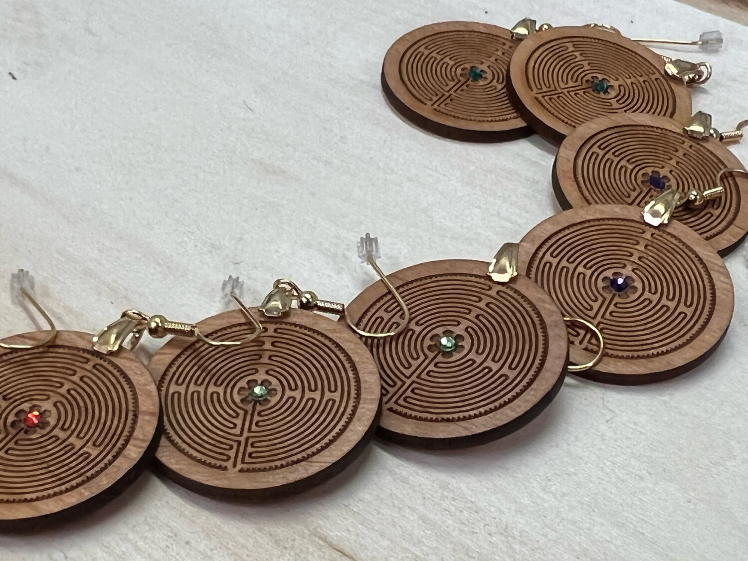 Earrings: Chartres Labyrinth on Wood | with Swarovski Crystals